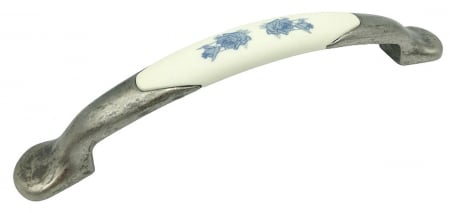 Clasice si vintage - Maner pentru mobila cu insertie rasina floare albastra, finisaj argint oxidat, 128 mm