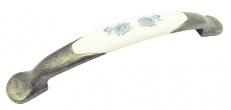 Clasice si vintage - Maner pentru mobila cu insertie rasina floare albastra, finisaj bronz oxidat, 128 mm