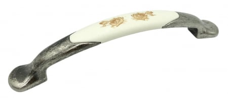 Clasice si vintage - Maner pentru mobila cu insertie rasina floare maro, finisaj argint oxidat, 128 mm