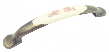 Clasice si vintage - Maner pentru mobila cu insertie rasina floare rosie, finisaj bronz oxidat, 128 mm