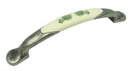 Clasice si vintage - Maner pentru mobila cu insertie rasina floare verde, finisaj argint oxidat, 128 mm