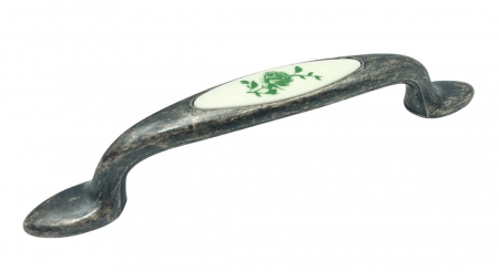 Clasice si vintage - Maner pentru mobila cu insertie rasina floare verde, finisaj argint oxidat, 96 mm