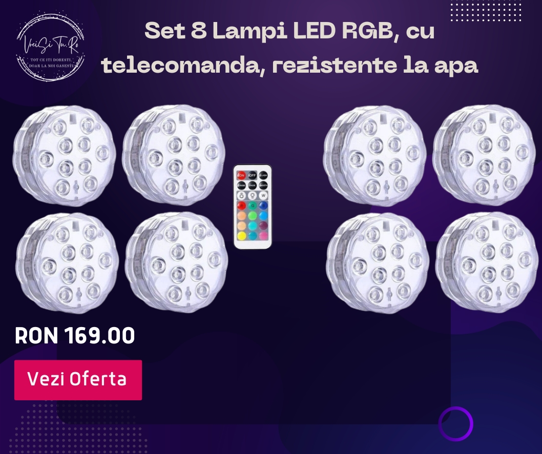 Set 8 Lampi LED RGB, cu telecomanda, rezistente la apa