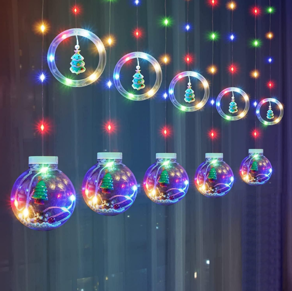 Instalatie Perdea cu Globuri si Cercuri cu Braduti, 10 decoratiuni, 3 m , Multicolor , interconectabile [5]