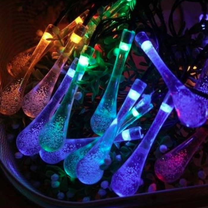 LAMPI SOLARE - Instalatie solara Picaturi Cristal, 20 leduri, 5m, Lumina alb cald si multicolor