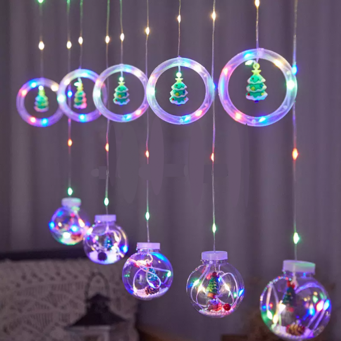 Instalatie Perdea cu Globuri si Cercuri cu Braduti, 10 decoratiuni, 3 m , Multicolor , interconectabile [1]