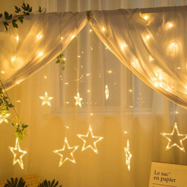 Instalatie perdea luminoasa 12 stele, mari si mici, interconectabila,8 programe,Alb Cald [2]