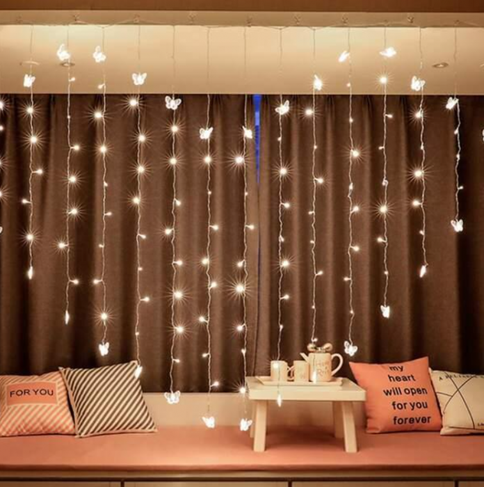 Instalatie - perdea luminoasa inima cu fluturi, Alb cald [1]