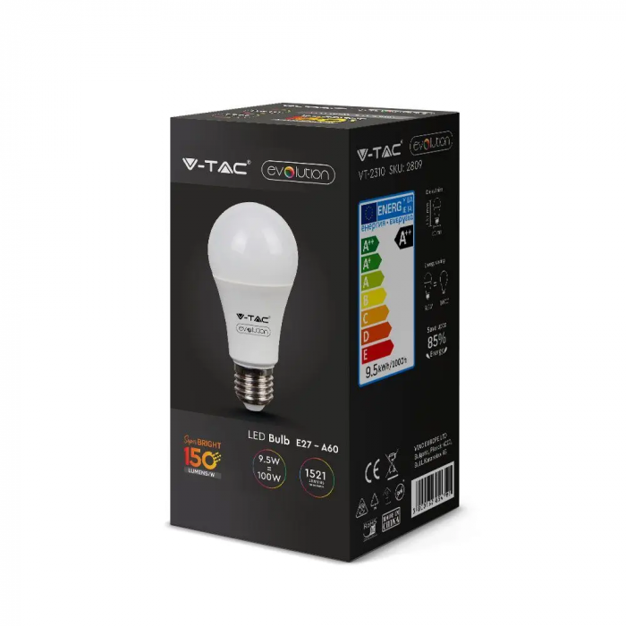 Bec LED V-TAC, 9.5W, E27, A60, 3000K, 160 lm/W, Garantie 5 ani [9]
