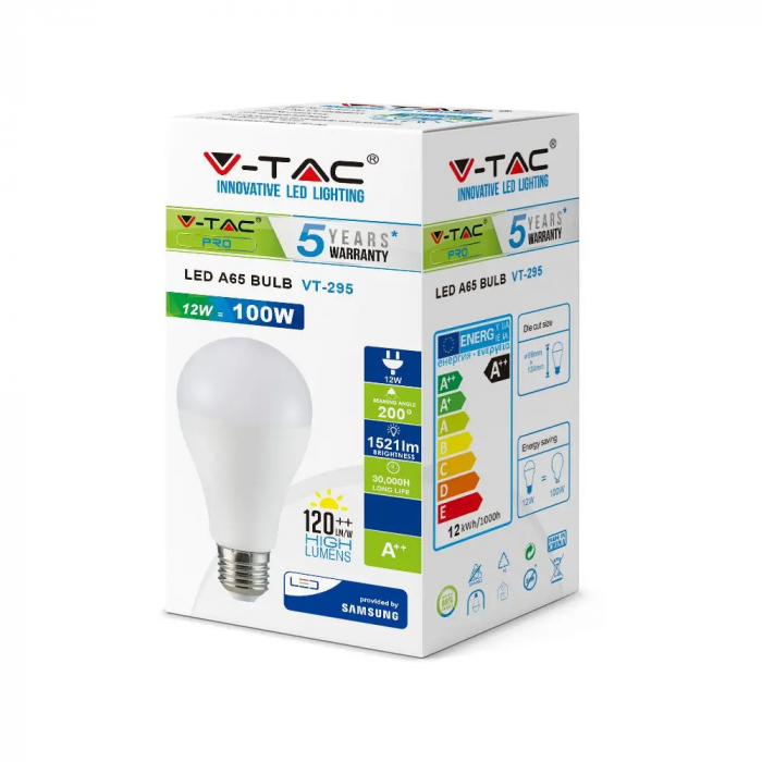 Bec LED V-TAC, 12W, 1521lm, E27, A60, Cip Samsung, 5 ani garantie, Lumina Neutra [2]