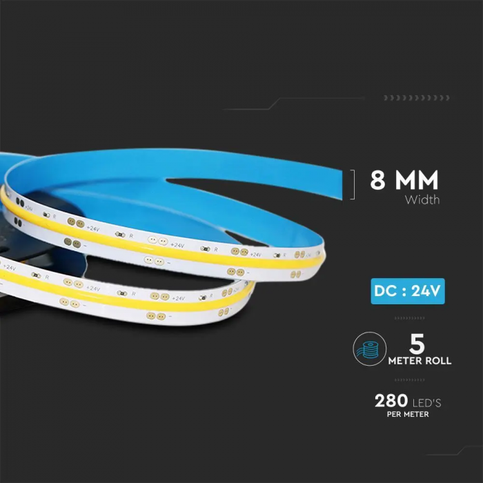 Banda LED COB V-TAC, 24V, 10w/m, 280 leduri/m, CRI>80, 800lm/m, Rola 5m [2]