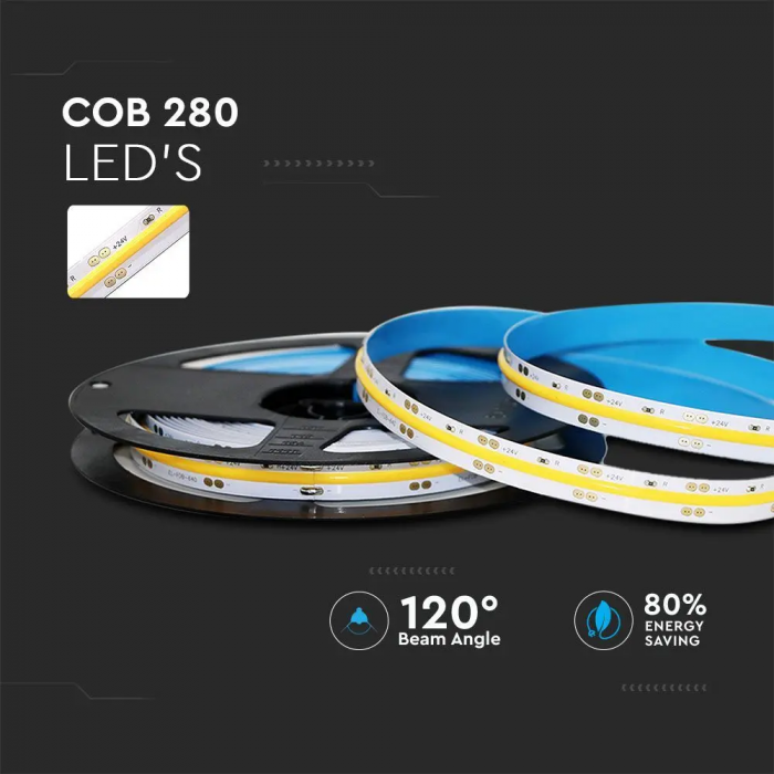 Banda LED COB V-TAC, 24V, 10w/m, 280 leduri/m, CRI>80, 800lm/m, Rola 5m [3]