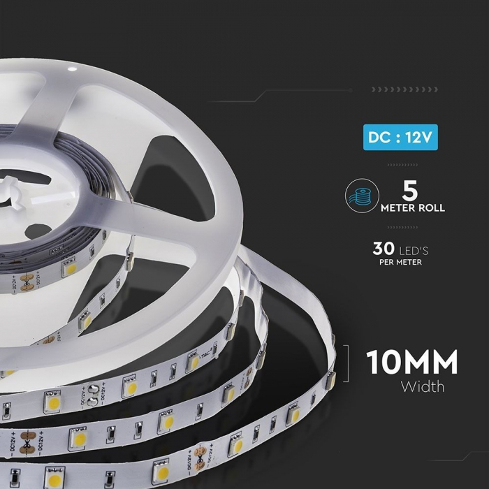 Banda LED V-TAC, 12V, 4.8w/m, 30 leduri/m, CRI>80, 500lm/m, IP20, Rola 5m [4]