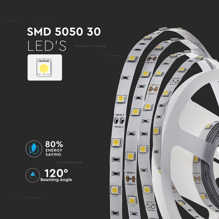Banda LED V-TAC, 12V, 4.8w/m, 30 leduri/m, CRI>80, 500lm/m, IP20, Rola 5m [7]