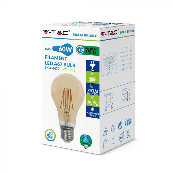 Bec Led 8W cu filament, A67, Amber, E27, 2200K [2]