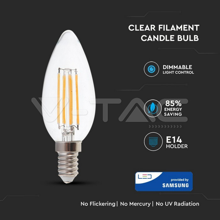 Bec LED Lumânare filament Cip SAMSUNG 4W E14 sticlă clară 2700K [2]