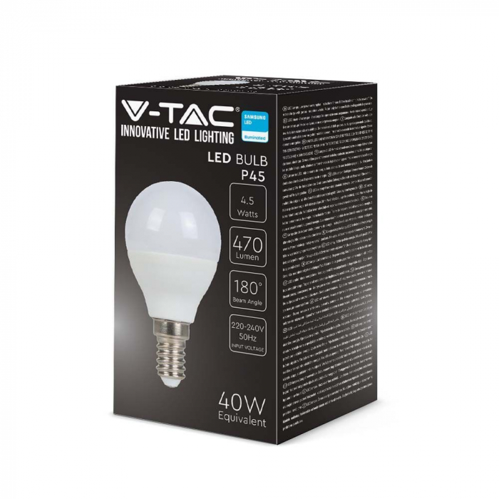 Bec LED V-TAC, 4.5W, 470lm, E14, P45, 4000K, Cip Samsung, 5 ani garantie [2]