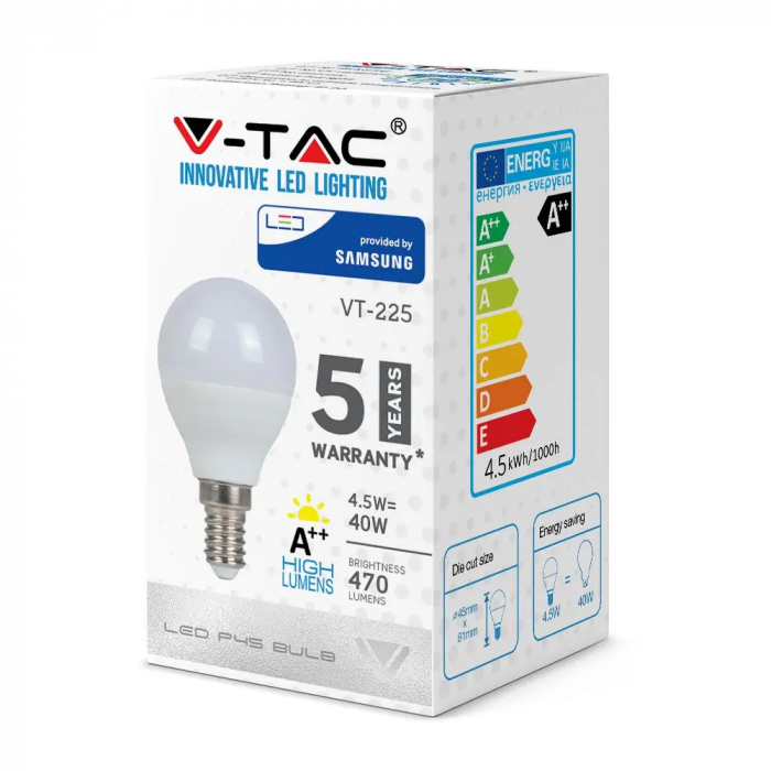 Bec LED V-TAC, 4.5W, 470lm, E14, P45, Cip Samsung [2]