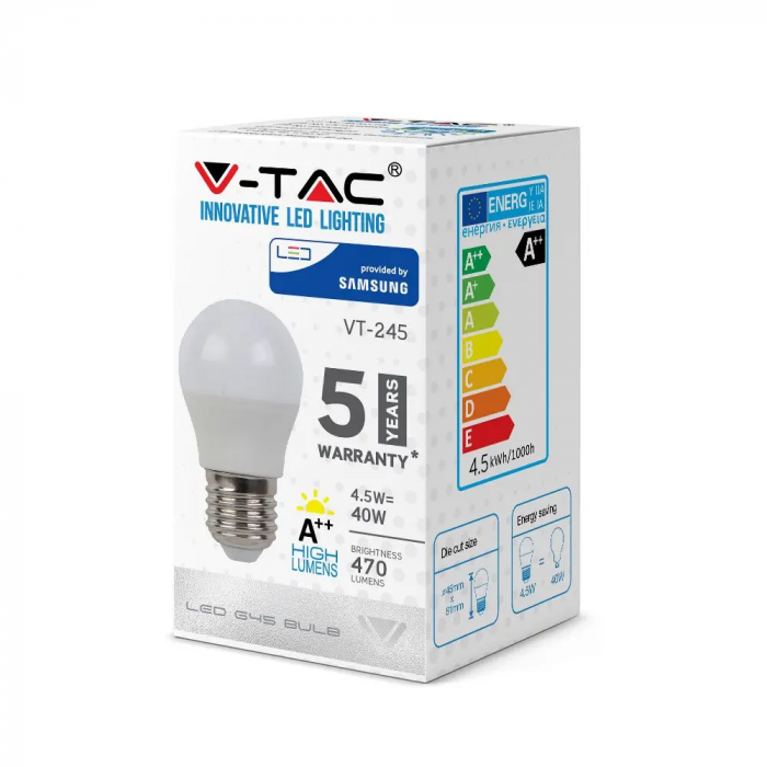 Bec LED V-TAC, 4.5W, G45, 470lm, E27, Cip Samsung [2]