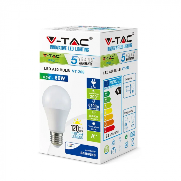 Bec LED V-TAC, 6.5W, 806lm, E27, A60, Cip Samsung, 5 ani garantie [2]