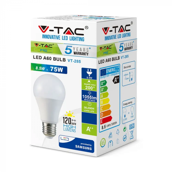 Bec LED V-TAC, 8.5W, 1055lm, E27, A60, Cip Samsung, 5 ani garantie [8]