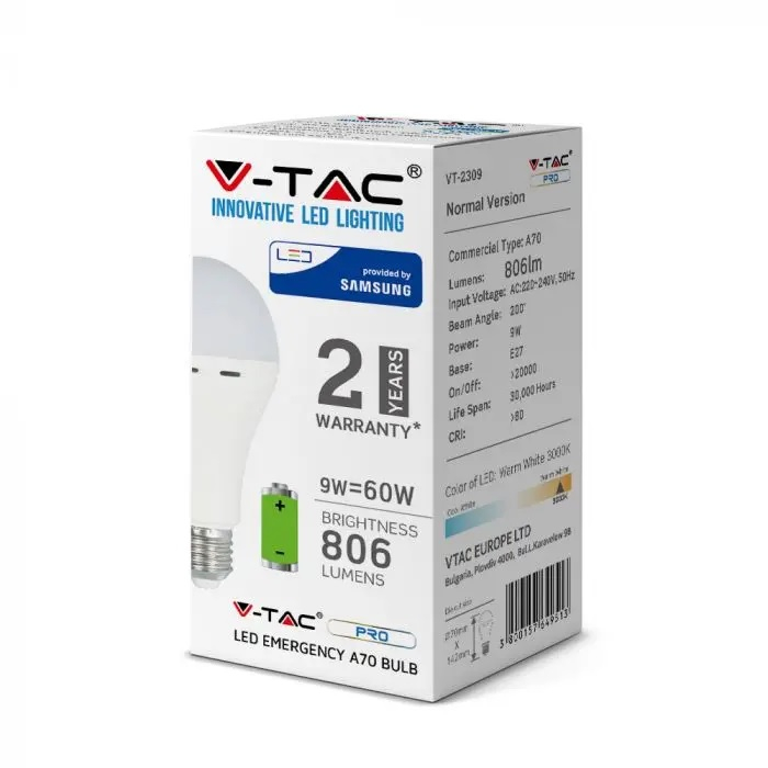 Bec LED V-TAC, 9W, E27, 806 lm, Cip Samsung, Baterie 3 ore [2]