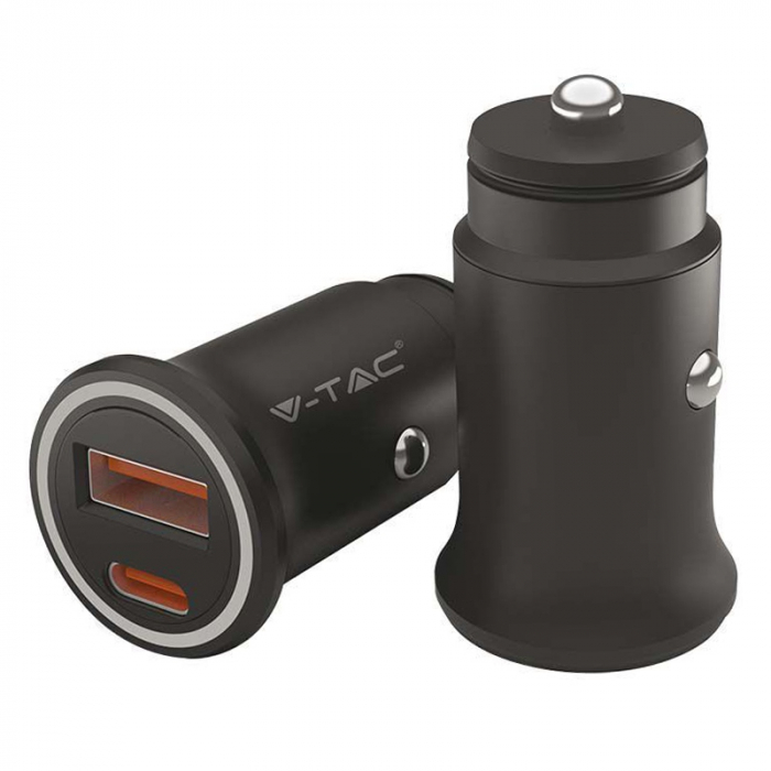 Incarcator auto, USB+TIP C, Negru, Incarcare rapida, V-TAC [2]