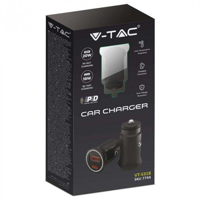 Incarcator auto, USB+TIP C, Negru, Incarcare rapida, V-TAC [3]