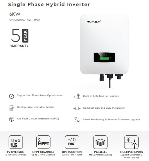 Invertor V-TAC, 6KW, Hybrid, Monofazat, IP20 [2]