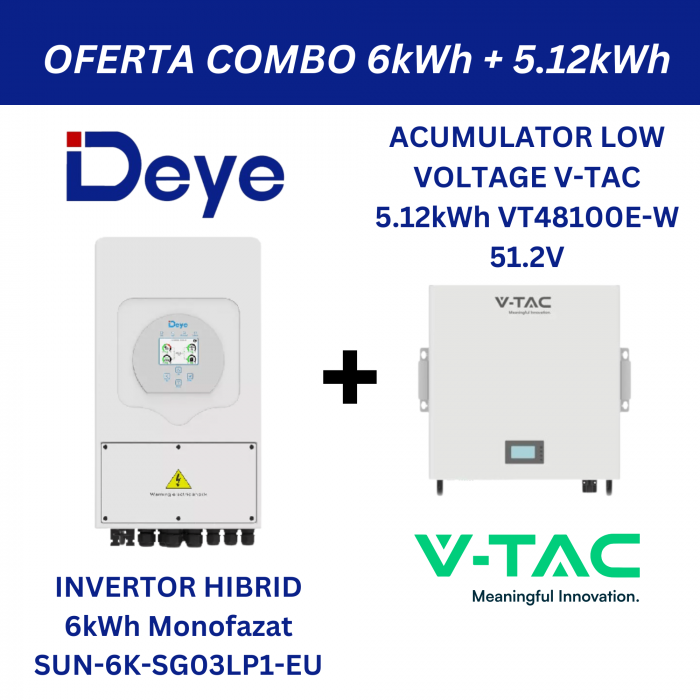 Pachet Combo – Invertor Monofazat Hibrid Deye 6kWh SUN-6K-SG03LP1-EU + Acumulator V-TAC 51.2V 5.12kWh Low Voltage Montaj pe Perete [1]