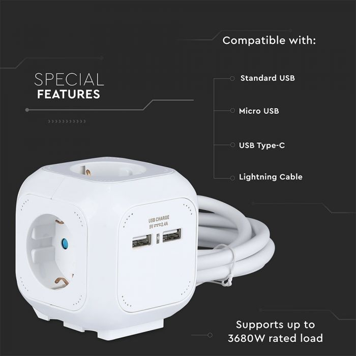 Priza cu 4 Circuite  si Mufa Usb Cubica V-TAC, 3G, 1.4m [8]