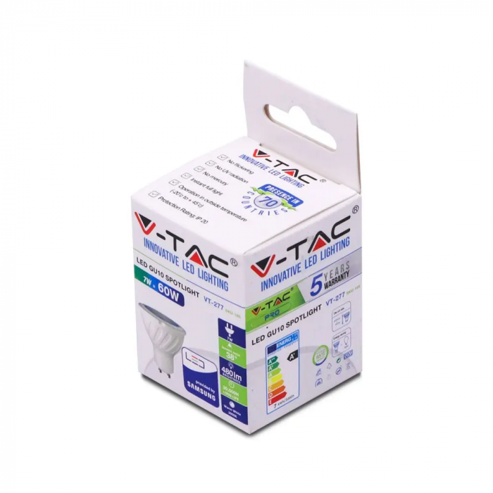 Spot LED V-TAC GU10, 7W, 480lm, Cip Samsung, Unghi 38°, 5 ani garantie [3]
