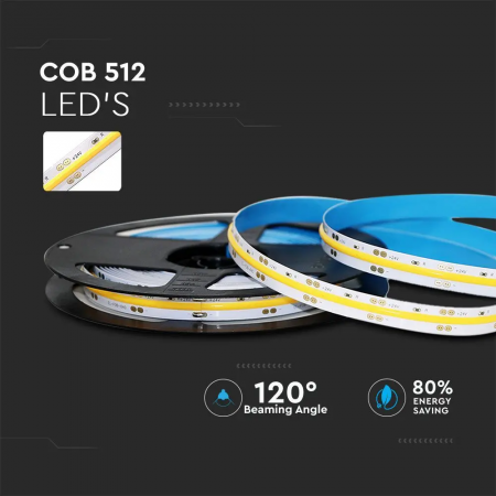 Banda LED COB V-TAC, 24V, 12w/m, 512 leduri/m, CRI>90, 1000lm/m, IP20, Rola 5m [6]