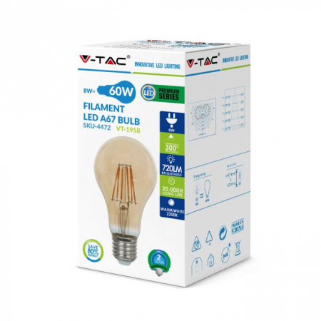 Bec Led 8W cu filament, A67, Amber, E27, 2200K [1]