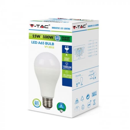 Bec LED V-TAC 15W, A65, E27, Lumina rece(6400K) [1]