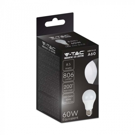 Bec LED V-TAC 8.5W, A60, E27, Lumina rece(6400K) [1]