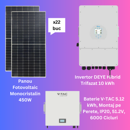 Kit Fotovoltaic - Kit Fotovoltaic Trifazat 10kWh DEYE + 22 Panouri + Acumulator 5.12kWh