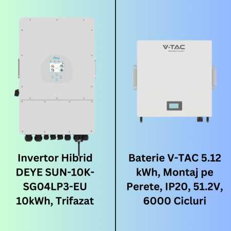 Kit Fotovoltaic - Pachet Invertor DEYE 10kWh Trifazat + Baterie 5.12kWh