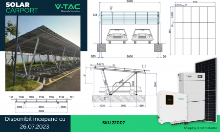 Kit Fotovoltaic - Sistem Solar Carport, Invertor 8kW, Stocare 20kW, Doua Masini