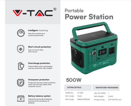 Statie de stocare portabila V-TAC, 500W, Port USB, USB-C, QUICK CHARGE [4]