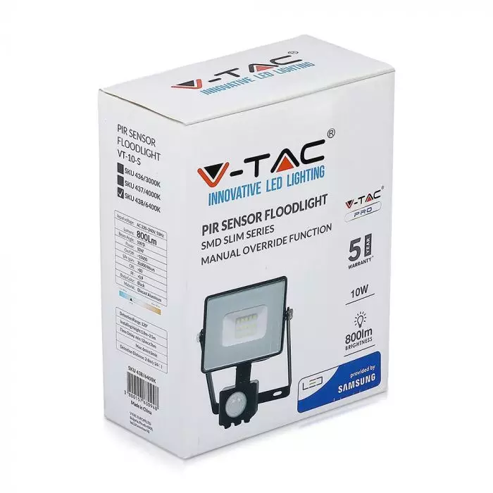 Proiector LED V-TAC, 10W, Senzor de miscare, Cip SAMSUNG, IP65 Negru, 6400K