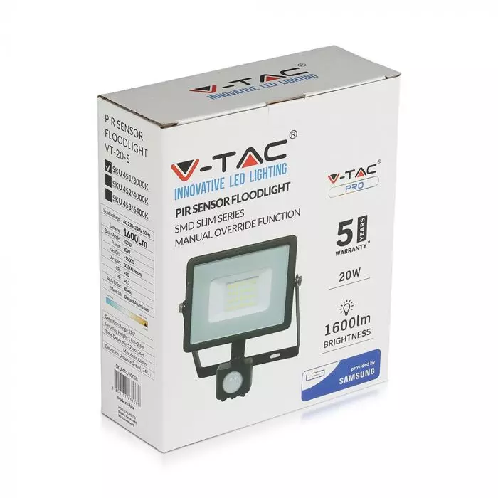 Proiector LED V-TAC, 20W, Senzor de miscare, Cip SAMSUNG, IP65 Negru, 6400K