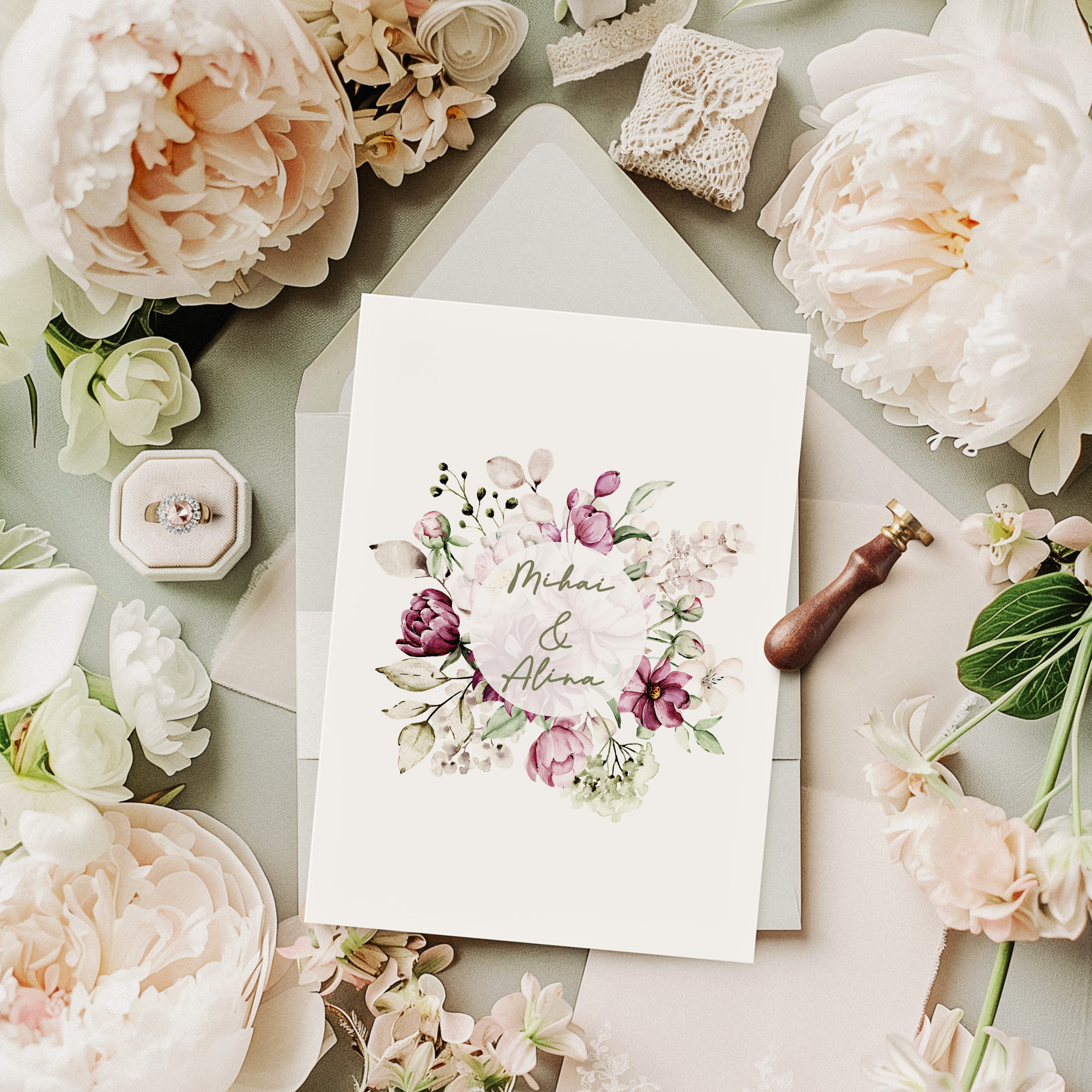 Invitatie nunta flori bujor