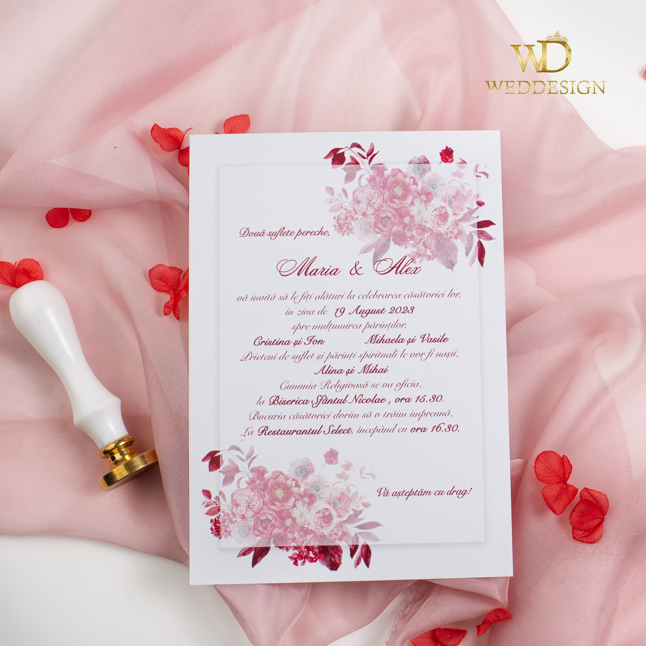 Invitatie nunta flori magenta