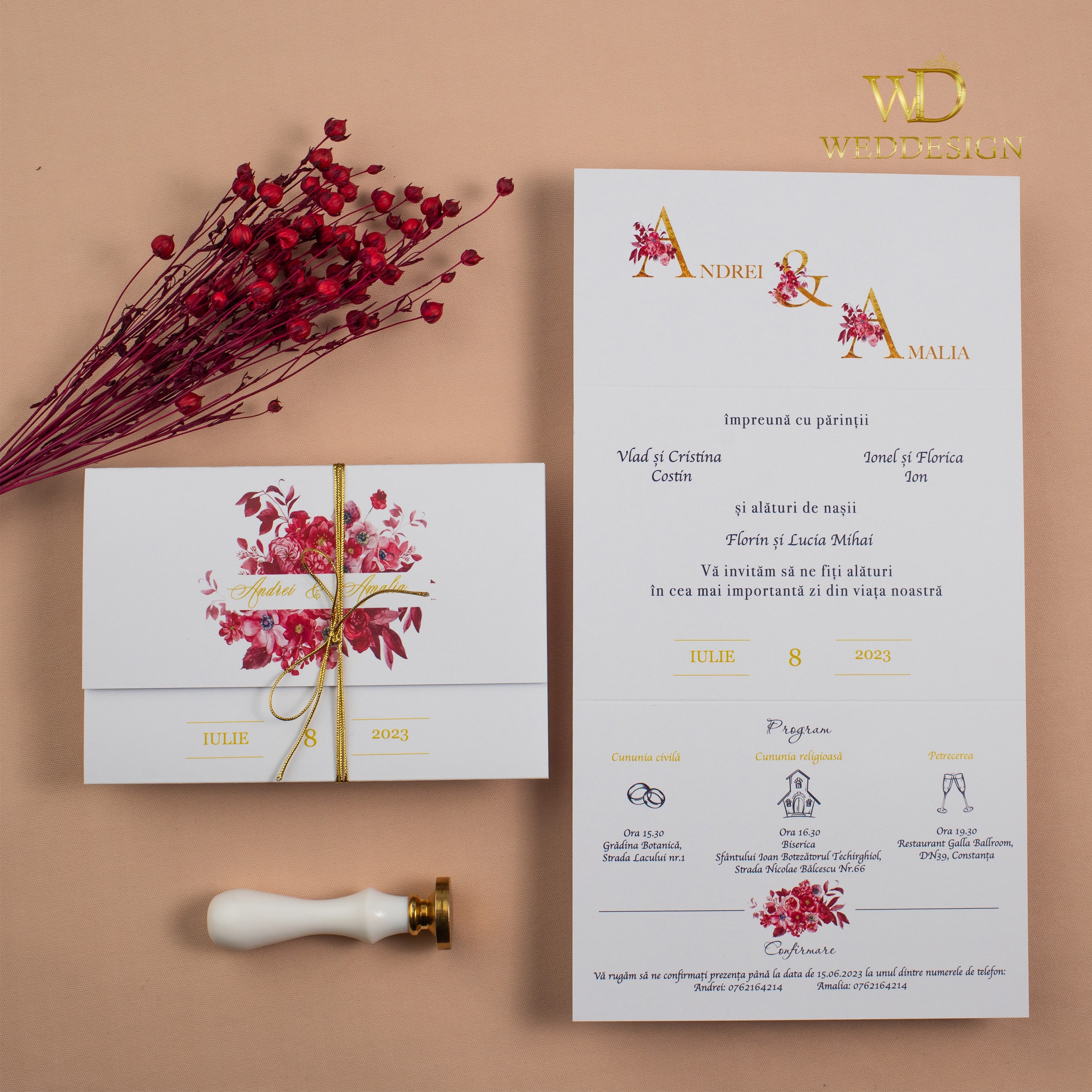 invitatie nunta evantai magenta