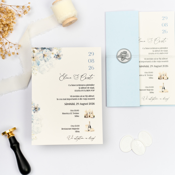 Invitație de nuntă bleu pastel cu flori și sigiliu decorativ [2]