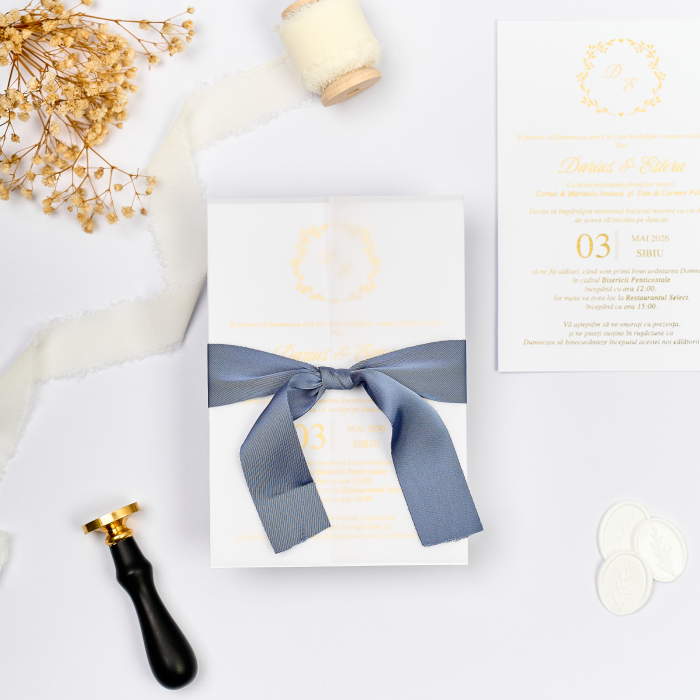 Invitație de nuntă elegantă ivory cu folio auriu și panglică [2]