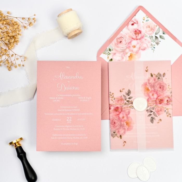 Invitație de nuntă roz pudrat cu flori și sigiliu decorativ [2]
