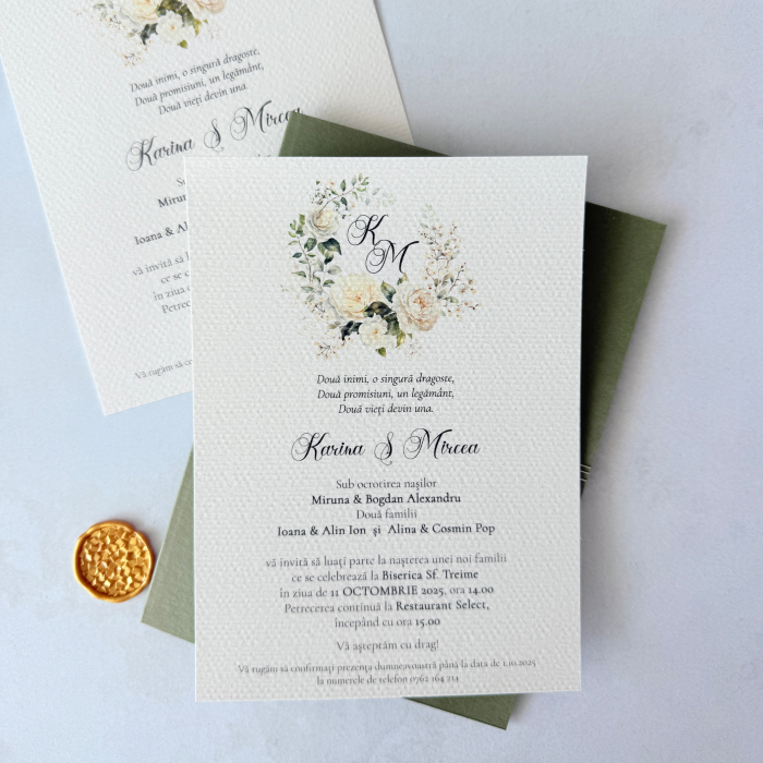 invitație de nuntă Garden Roses cu plic verde salvie, flori acuarelă și sigiliu din ceară auriu [3]