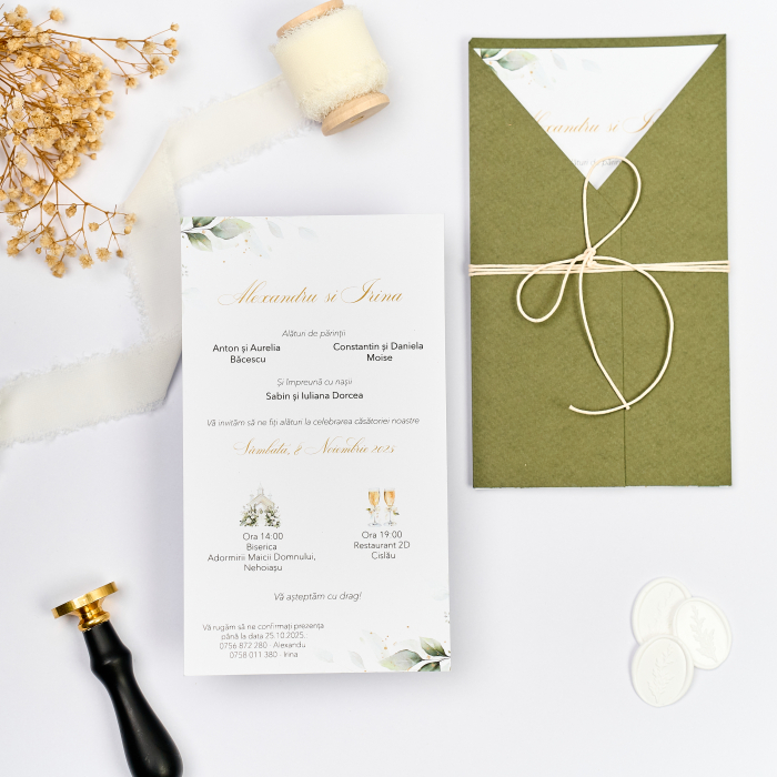 Invitație de nuntă rustică pe carton verde olive cu șnur [2]